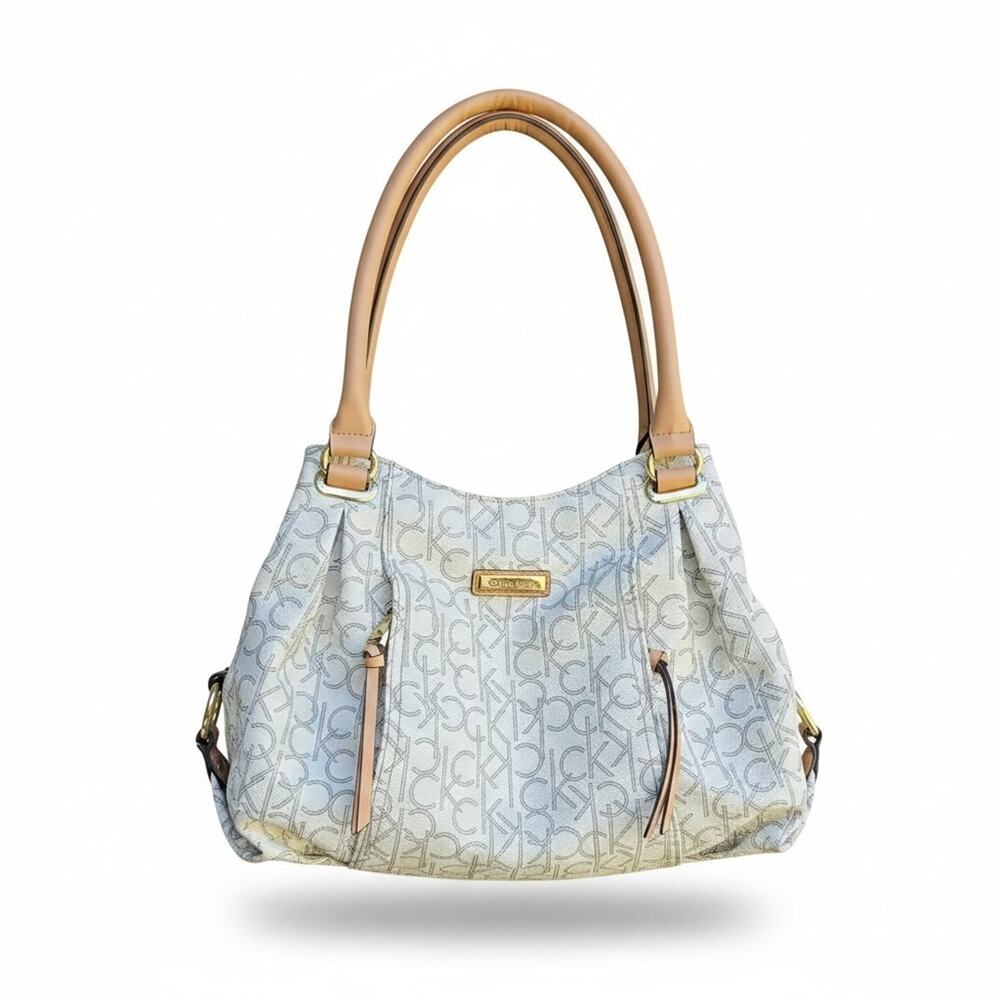 Calvin Klein White Monogram Logo Shoulder Bag Purse Tote Handbag Tan Straps